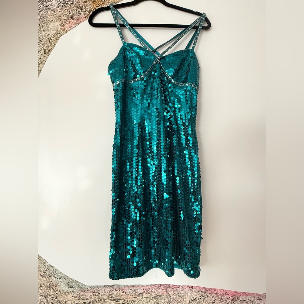 Niteline Della Roufogali Teal Sequin Strappy Mini Dress 8